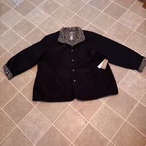 Black Quilted Jacket with Leopard Trim